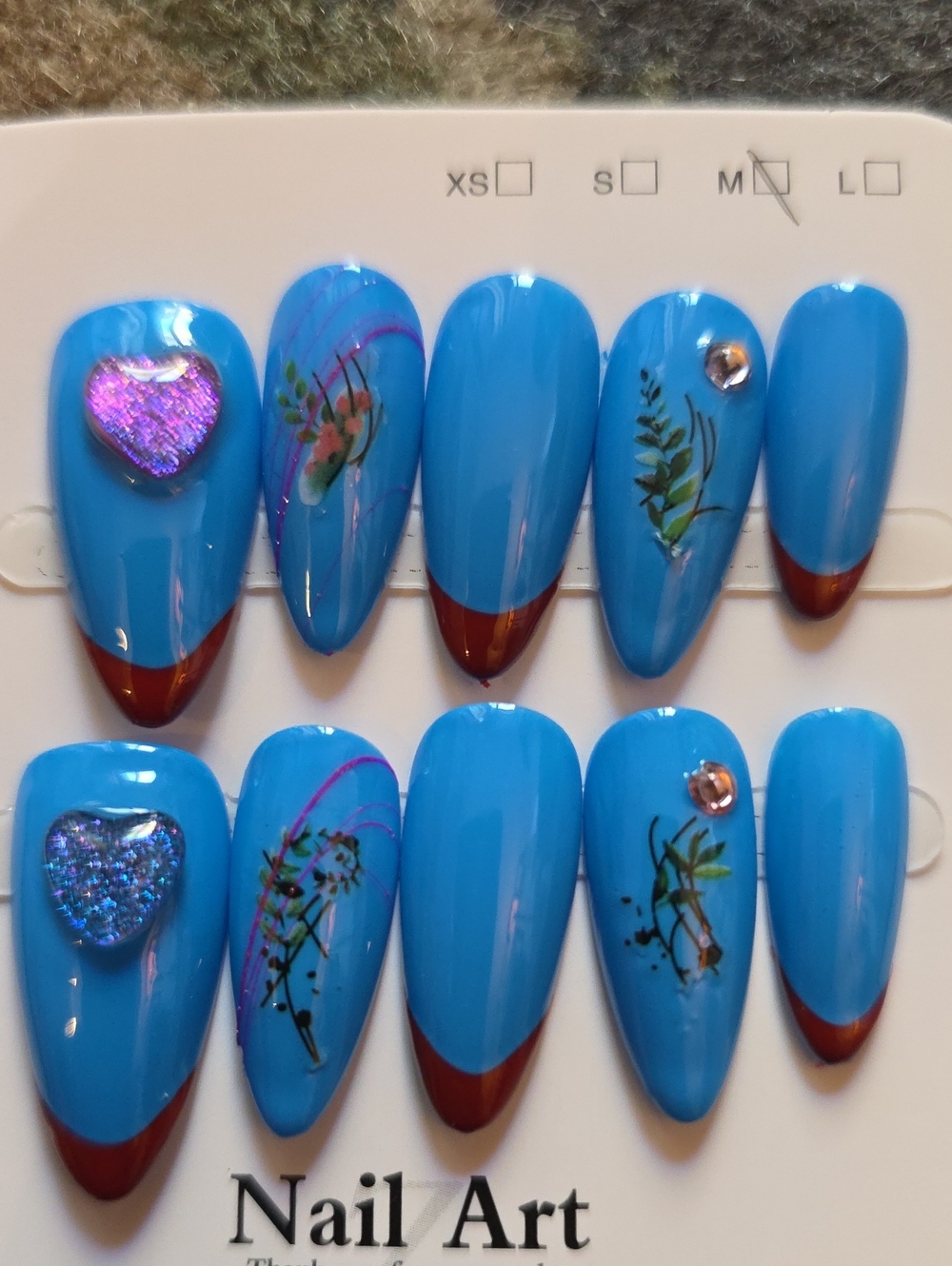Blue Floral Nail Art Press-On Set Size Med